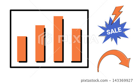 Bar chart with sale flash and arrow vector illustration. Marketing, retail, commerce, promotion, analytics, business growth. Financial graph with discount symbol and pointer graphic Bar chart with sale flash and arrow vector illustration. Marketing, retail, commerce, promotion, analytics, business growth. Financial graph with discount symbol and pointer graphic 143369927