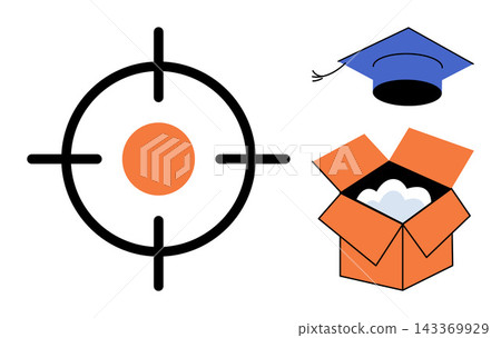 Target symbol with graduation cap and open box vector illustration. Education, career development, goal setting, academic success, business strategy, creative thinking. Aim icon with mortarboard Target symbol with graduation cap and open box vector illustration. Education, career development, goal setting, academic success, business strategy, creative thinking. Aim icon with mortarboard 143369929