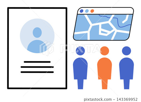 Profile document with user icon and people standing near a map vector illustration. Hiring, recruitment, job search, human resources, talent acquisition, staffing. Resume and personnel Profile document with user icon and people standing near a map vector illustration. Hiring, recruitment, job search, human resources, talent acquisition, staffing. Resume and personnel 143369952