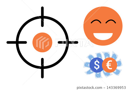 Target icon with happy face and money symbols vector illustration. Business strategy, financial success, goal achievement, profit growth, marketing target, investment return. Aiming for wealth Target icon with happy face and money symbols vector illustration. Business strategy, financial success, goal achievement, profit growth, marketing target, investment return. Aiming for wealth 143369953