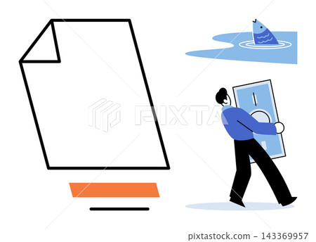 Man carrying money and blank document vector illustration. Investment, finance, banking, strategy, planning, wealth management. Person holding cash and paper sheet for corporate growth Man carrying money and blank document vector illustration. Investment, finance, banking, strategy, planning, wealth management. Person holding cash and paper sheet for corporate growth 143369957