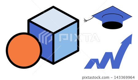 Geometric shapes with a graduation cap and rising arrow vector illustration. Academic success, business growth, learning progress, career development, knowledge expansion, data analysis. Cube sphere 143369964