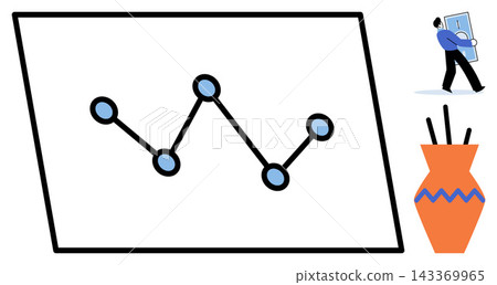 Line graph on a board, man carrying money, and decorative vase vector illustration. Finance, investment, interior design, business strategy, home decor, economic growth. Data visualization, person Line graph on a board, man carrying money, and decorative vase vector illustration. Finance, investment, interior design, business strategy, home decor, economic growth. Data visualization, person 143369965