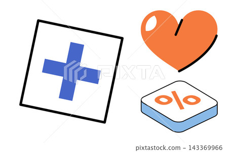 Medical plus sign heart shape and percentage symbol vector illustration. Healthcare, insurance, discount, pharmacy, wellness, finance. Hospital cross, love icon, percent sign graphic Medical plus sign heart shape and percentage symbol vector illustration. Healthcare, insurance, discount, pharmacy, wellness, finance. Hospital cross, love icon, percent sign graphic 143369966