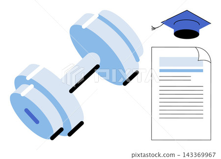 Dumbbell with graduation cap and document vector illustration. Physical education, academic achievement, sports science, degree program, health training, student wellness. Fitness equipment Dumbbell with graduation cap and document vector illustration. Physical education, academic achievement, sports science, degree program, health training, student wellness. Fitness equipment 143369967
