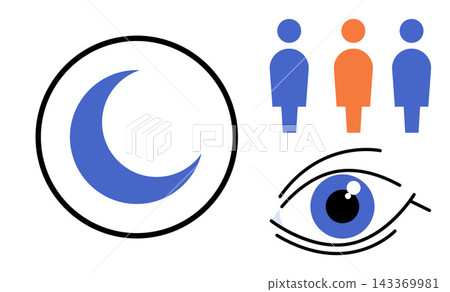 Icons of a crescent moon, human figures, and an eye vector illustration. Sleep patterns, circadian rhythm, insomnia, visual health, population, awareness. Night rest, people, eyesight Icons of a crescent moon, human figures, and an eye vector illustration. Sleep patterns, circadian rhythm, insomnia, visual health, population, awareness. Night rest, people, eyesight 143369981