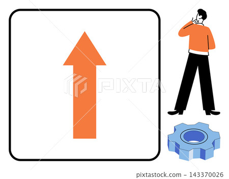 A man thinking next to an upward arrow and a gear icon vector illustration. Progress, development, problem solving, innovation, engineering, success. Person contemplating growth direction A man thinking next to an upward arrow and a gear icon vector illustration. Progress, development, problem solving, innovation, engineering, success. Person contemplating growth direction 143370026