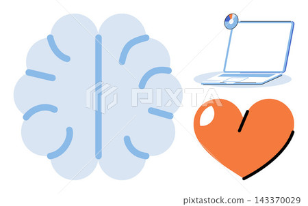 Human brain laptop computer and heart shape vector illustration. Mental health, digital wellness, medical technology, emotional intelligence, data analysis, cardiology. Cognitive science icons Human brain laptop computer and heart shape vector illustration. Mental health, digital wellness, medical technology, emotional intelligence, data analysis, cardiology. Cognitive science icons 143370029