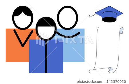 Group of students with a graduation cap and diploma scroll vector illustration. Academic achievement, school success, university degree, learning process, knowledge, future career goals. Pupils Group of students with a graduation cap and diploma scroll vector illustration. Academic achievement, school success, university degree, learning process, knowledge, future career goals. Pupils 143370030
