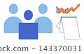 Business team with financial growth chart and blank flipchart vector illustration. Strategy, marketing, corporate, investment, planning, management. Professional group meeting with profit graph 143370031
