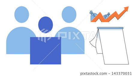 Business team with financial growth chart and blank flipchart vector illustration. Strategy, marketing, corporate, investment, planning, management. Professional group meeting with profit graph 143370031