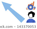 Upward arrow with a person and productivity icons vector illustration. Success, business growth, career development, professional progress, strategy planning, performance optimization. Rising pointer 143370053