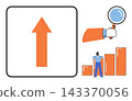 Upward arrow, magnifying glass, and person with bar charts vector illustration. Financial growth, market research, data analysis, business strategy, success planning, investment. Rising trend 143370056
