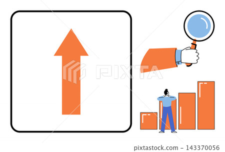 Upward arrow, magnifying glass, and person with bar charts vector illustration. Financial growth, market research, data analysis, business strategy, success planning, investment. Rising trend Upward arrow, magnifying glass, and person with bar charts vector illustration. Financial growth, market research, data analysis, business strategy, success planning, investment. Rising trend 143370056
