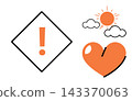 Warning sign with exclamation mark heart shape and sun vector illustration. Safety, weather, love, caution, climate, emotion. Alert symbol with clouds and romantic icon design elements 143370063