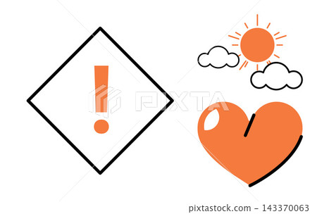 Warning sign with exclamation mark heart shape and sun vector illustration. Safety, weather, love, caution, climate, emotion. Alert symbol with clouds and romantic icon design elements Warning sign with exclamation mark heart shape and sun vector illustration. Safety, weather, love, caution, climate, emotion. Alert symbol with clouds and romantic icon design elements 143370063