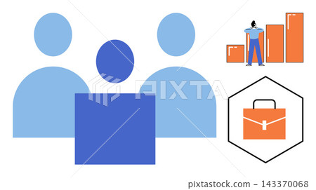 Business team and growth chart vector illustration. Corporate management, professional development, career growth, leadership, teamwork, office strategy. Group of employees and business icons Business team and growth chart vector illustration. Corporate management, professional development, career growth, leadership, teamwork, office strategy. Group of employees and business icons 143370068