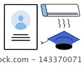 Icons of a student profile, air conditioner, and graduation cap vector illustration. Academic achievement, climate control, home comfort, student records, cooling systems, school graduation 143370071