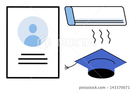 Icons of a student profile, air conditioner, and graduation cap vector illustration. Academic achievement, climate control, home comfort, student records, cooling systems, school graduation Icons of a student profile, air conditioner, and graduation cap vector illustration. Academic achievement, climate control, home comfort, student records, cooling systems, school graduation 143370071