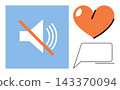 Mute speaker icon with heart shape and speech bubble vector illustration. Communication, social media, silence, feedback, interaction, digital expression. Sound off symbol with love sign 143370094