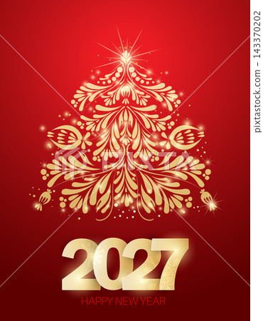 Festive New Year 2027 greeting card with floral tree. Vector 143370202
