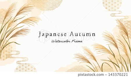秋季蒲葦草和日式圖案水彩風格背景設計邊框插圖(日式風格,蒲葦草,留白,模板) 秋季蒲葦草和日式圖案水彩風格背景設計邊框插圖(日式風格,蒲葦草,留白,模板) 143370221