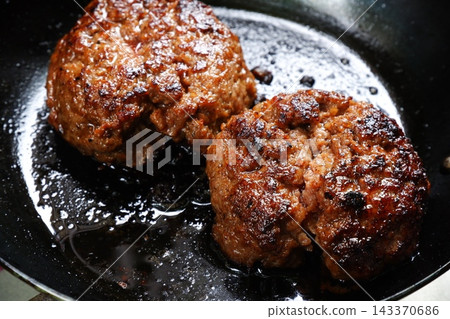 Hamburger steak - Cook hamburger steak in a frying pan until it sizzles. Hamburger steak - Cook hamburger steak in a frying pan until it sizzles. 143370686