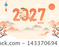 Happy Chinese New Year 2027 Year of the Goat Traditional Landscape Illustration Background 143370694