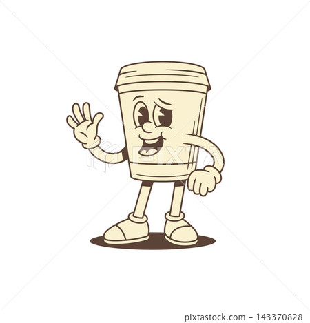 Funky comic coffee paper cup cartoon character waving hand contoured vector flat Funky comic coffee paper cup cartoon character waving hand contoured vector flat 143370828