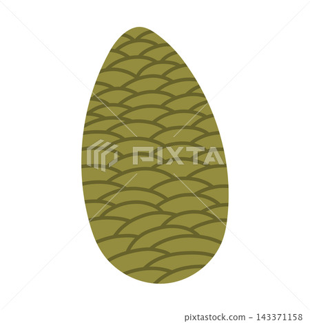 A flat vector illustration of a large teardrop-shaped pine cone rendered in muted olive green tones with overlapping scale line patterns. Great for eco-friendly art, winter holiday cards, and forest  143371158