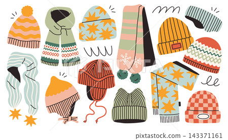 Cozy winter hats and scarves collection with knitted beanies, earflap caps, and warm scarves in flat vector aesthetic illustration style Cozy winter hats and scarves collection with knitted beanies, earflap caps, and warm scarves in flat vector aesthetic illustration style 143371161