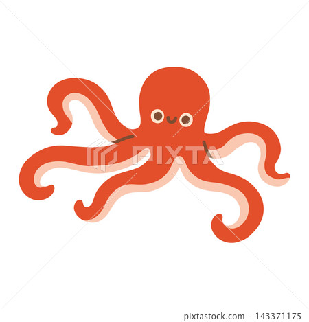 Cute smiling red octopus character vector illustration with long tentacles. Ocean animal isolated on white background for nursery art, stickers, and summer prints 143371175