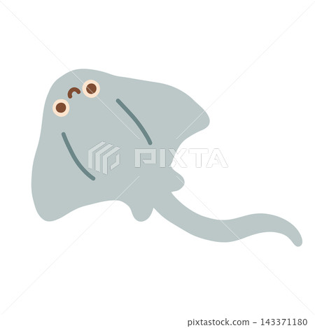 Cute grey stingray character vector illustration with long tail. Cute ocean animal isolated on white background for kids nursery print 143371180