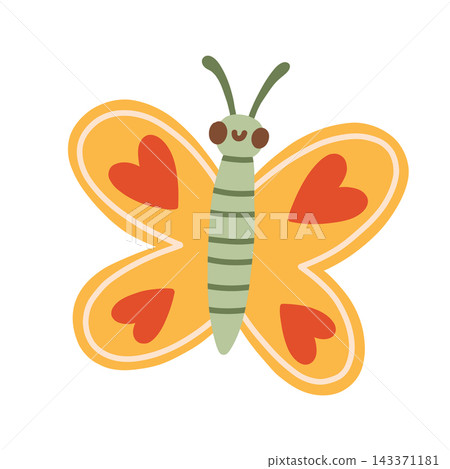 Cute yellow butterfly character vector illustration with heart pattern wings. Cute garden insect isolated on white background for nursery 143371181