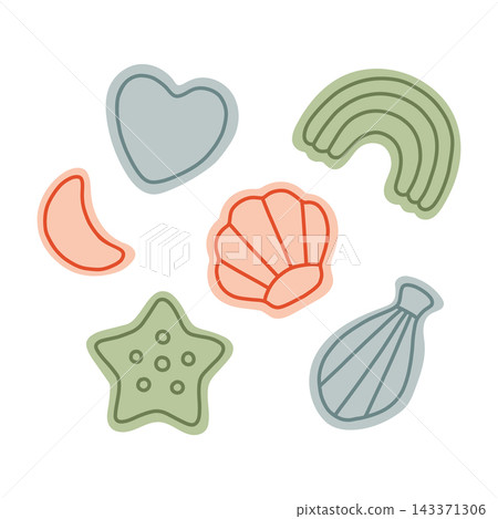 Beach sand molds set with starfish seashell heart rainbow vector illustration. Summer toys isolated on white background Beach sand molds set with starfish seashell heart rainbow vector illustration. Summer toys isolated on white background 143371306