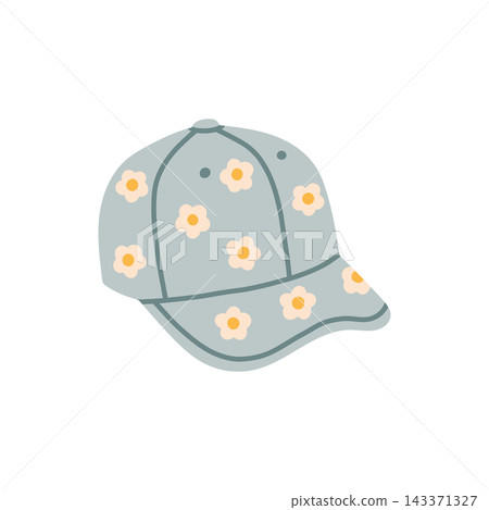 Light blue grey baseball cap with daisy flower pattern vector illustration. Cute summer headwear isolated on white background Light blue grey baseball cap with daisy flower pattern vector illustration. Cute summer headwear isolated on white background 143371327