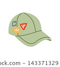 Green baseball cap with colorful patches vector illustration. Trendy summer outdoor hat isolated on white background 143371329