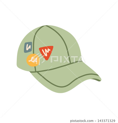 Green baseball cap with colorful patches vector illustration. Trendy summer outdoor hat isolated on white background Green baseball cap with colorful patches vector illustration. Trendy summer outdoor hat isolated on white background 143371329
