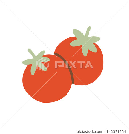Pair of fresh red tomatoes vector illustration with green stems. Ripe vegetables isolated on white background for summer barbecue salad, menu, and food prints Pair of fresh red tomatoes vector illustration with green stems. Ripe vegetables isolated on white background for summer barbecue salad, menu, and food prints 143371334