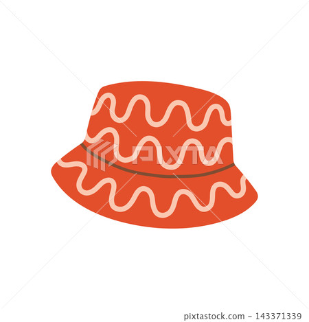Red orange bucket hat with wavy pink stripes vector illustration. Modern summer beach sun hat isolated on white background Red orange bucket hat with wavy pink stripes vector illustration. Modern summer beach sun hat isolated on white background 143371339