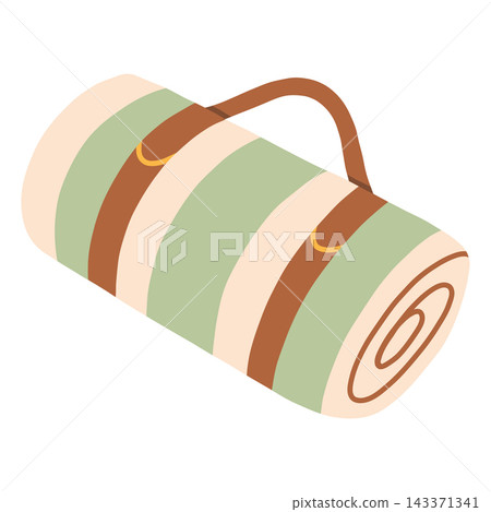 Rolled-up picnic mat with leather carrying strap vector illustration. Great for outdoor, camping, park leisure, summer, and lifestyle designs Rolled-up picnic mat with leather carrying strap vector illustration. Great for outdoor, camping, park leisure, summer, and lifestyle designs 143371341