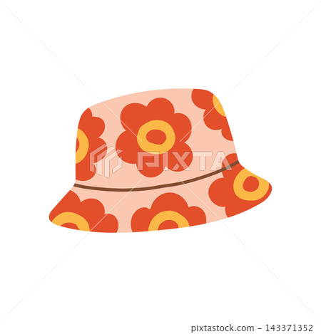Pink and orange flower print bucket hat vector illustration. Retro 70s summer beach sun hat isolated on white background Pink and orange flower print bucket hat vector illustration. Retro 70s summer beach sun hat isolated on white background 143371352