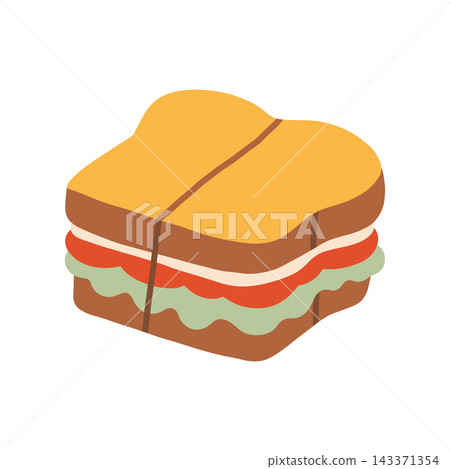 Tasty club sandwich vector illustration with layers of lettuce, tomato, and cheese. Ideal for picnic, fast food, menu design, and snack icons Tasty club sandwich vector illustration with layers of lettuce, tomato, and cheese. Ideal for picnic, fast food, menu design, and snack icons 143371354
