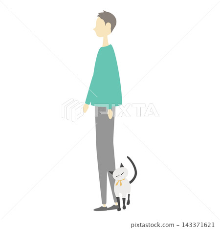 一隻貓與一名男子進行身體接觸。 143371621