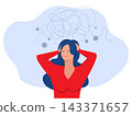 Girl surrounded by symptoms of depression disorder: anxiety, crisis, tears, exhaustion, Flat illustration vector 143371657