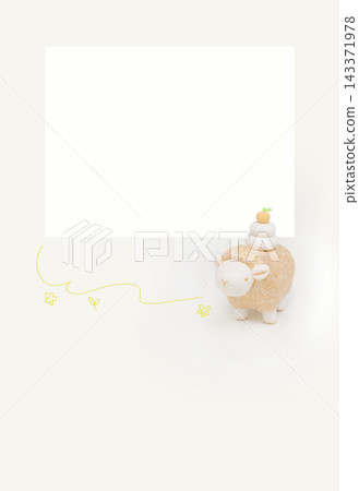 New Year's card photo frame featuring a sheep with a Kagami Mochi (rice cake offering) on top (no text) New Year's card photo frame featuring a sheep with a Kagami Mochi (rice cake offering) on top (no text) 143371978
