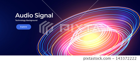 Audio signal technology background with glowing neon waves, colorful curved lines, luminous frequency flow. Audio signals for music, sound, media banners, websites. Vector illustration Audio signal technology background with glowing neon waves, colorful curved lines, luminous frequency flow. Audio signals for music, sound, media banners, websites. Vector illustration 143372222