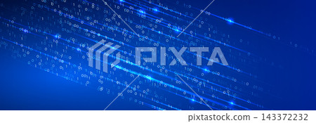 Glowing meteor shower of binary code for tech startups, innovation and tech AI implementation conference BG, digital transformation background, zeros and ones on blue background. Vector illustration 143372232