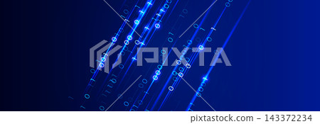 Glowing meteor shower of binary code for tech startups, innovation and tech AI implementation conference BG, digital transformation background, zeros and ones on blue background. Vector illustration 143372234