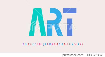 Art creative alphabet, rainbow colors, modern geometric font. Bright colorful type for futuristic or kid logo, headline, lettering and typography. Trendy style letters, vector typographic design.  143372337